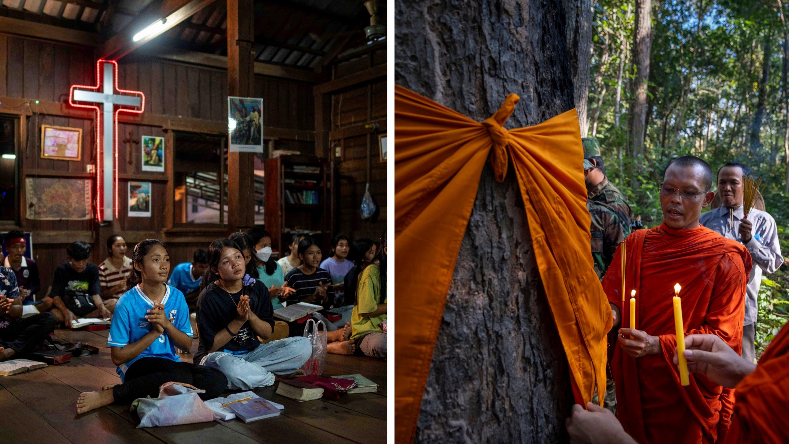 Unge kvinder sidder på gulvet under en gudstjeneste i en huskirke i Cambodja. Munk ordinerer træ i Cambodja.